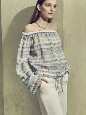 Theory Odettah Vall Striped‎ Off-the-Shoulder Top S